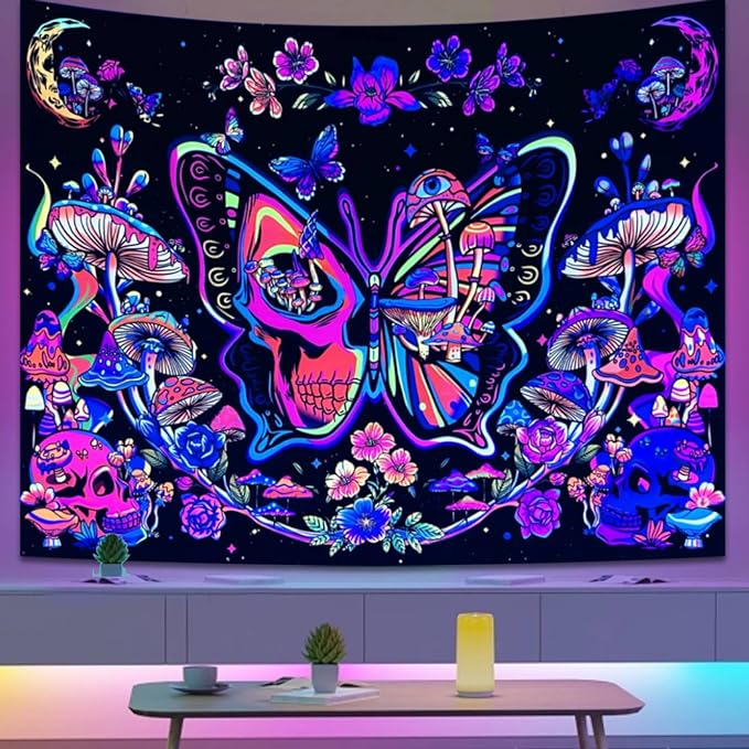 Apdidl Blacklight Butterfly Tapestry for Bedroom Aesthetic Skull Skeleton Mushroom Wall Tapestry Moth Flower Moon and Stars UV Reactive Wall Hanging for Bedroom Living Room Home Dorm 