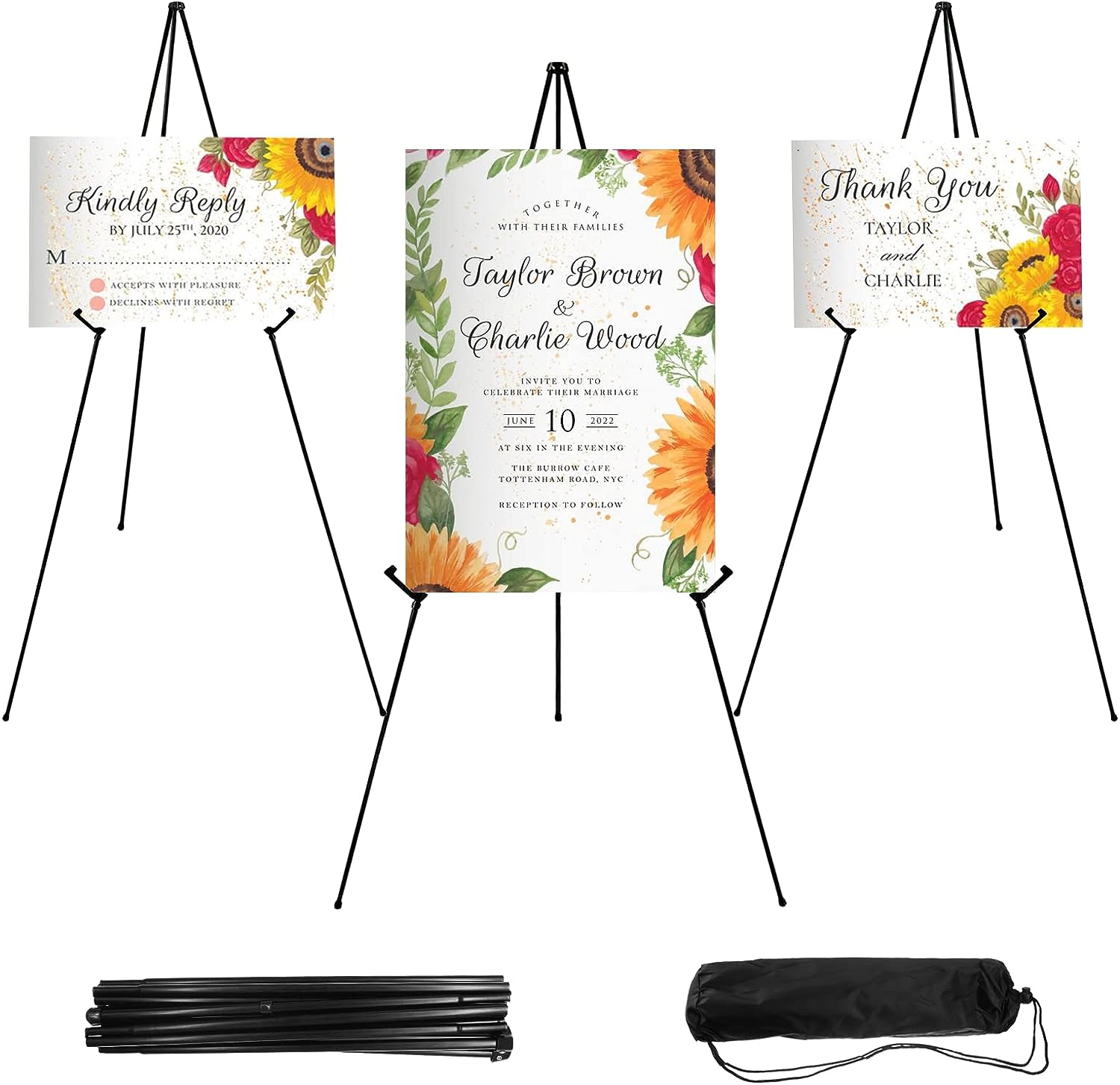 JEAWIWI Easel Stand 65 Inches 3 Pcs, Lightweight Adjustable Art Easel for Display, Painting, Wedding Sign, Poster, Black Metal Easel with Portable Bags