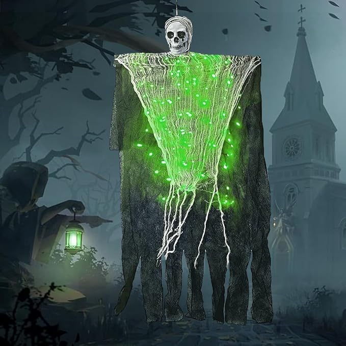 Halloween Hanging Decorations Outdoor, Scary Hanging Skeleton Ghosts with 60 LED String Lights for Halloween Party, Patio, Balcony, Wall, Porch, Haunted House Prop Dcor(Green Lights)