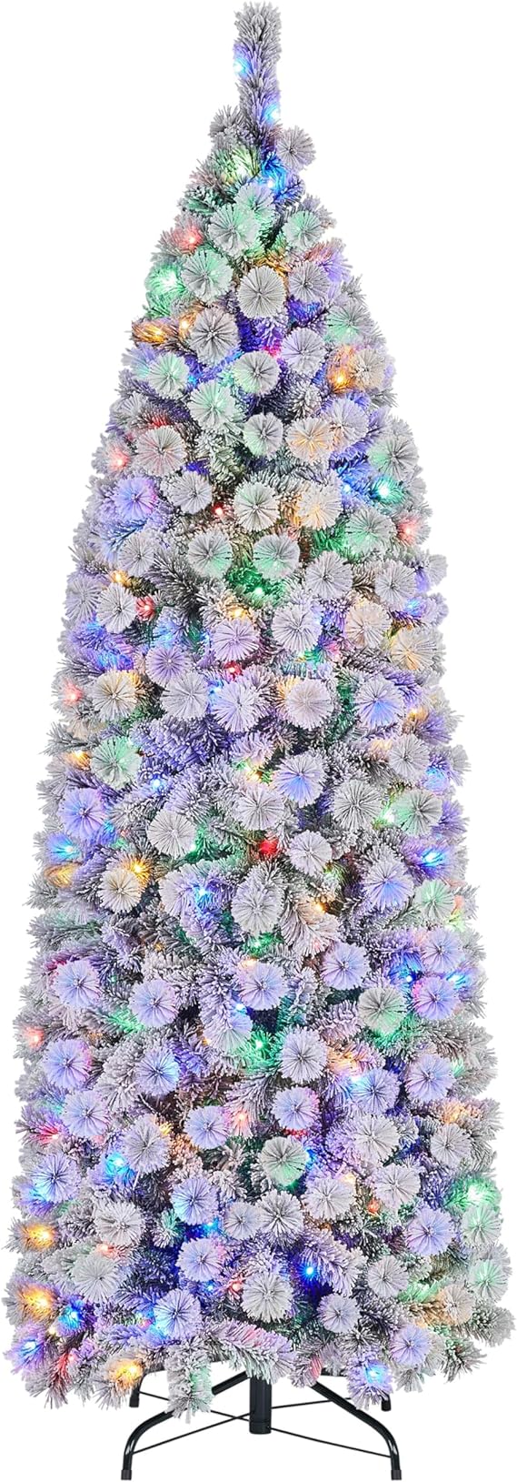 Yaheetech 6ft Pre-lit Snow Flocked Christmas Tree, Premium Hinged Artificial Pine Tree w/ 250 Colorful LED Lights and 564 Branches Tips, Prelit Slim Pencil Christmas Tree w/Metal Stand White