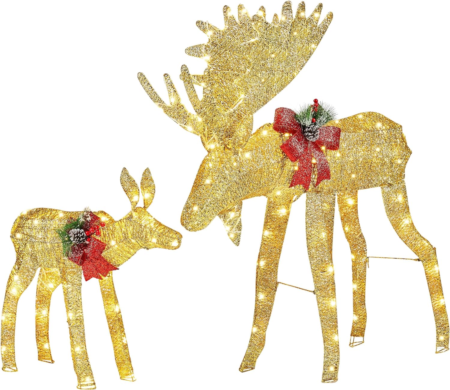 Yaheetech 2-Piece Christmas Moose Family, Lighted Outdoor Christmas Moose Deer Decoration Set w/ 170 Warm White LED Lights/Ground Stakes/Zip Ties for Front Yard, Porch, Indoor Decor Gold