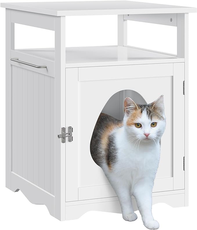 Yaheetech Cat Litter Box Enclosure, Hidden Litter Box Furniture, Cat Washroom with Open Shelf, Storage Indoor Cabinet Pet Crate, Pet Side End Table, Decorative Pet House for Bathroom/Living Room White