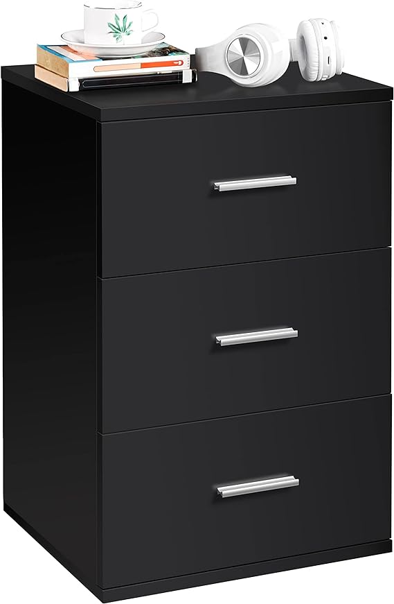 Yaheetech Wood Nightstand, Bedside Table with 3 Drawers, Bedside Cupboard with Metal Handles, Small Drawer Cabinet Unit with Storage for Bedroom/Small Space, Black