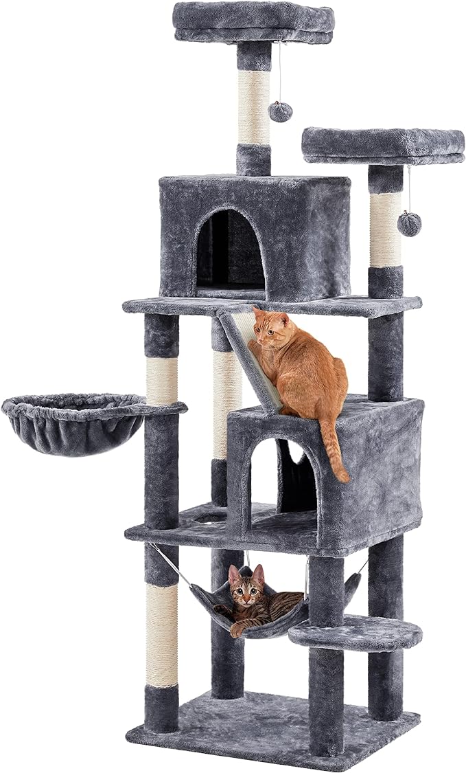 Yaheetech Tall Cat Tree, 71.5in Multi-Level Cat Tower w/ 2 Spacious Condos, 2 Padded Perches, 2 Dangling Balls, Scratching Posts and Hammock, Dark Gray