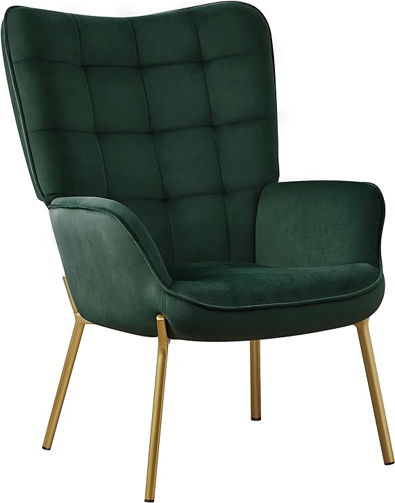 Yaheetech Velvet Armchair, Modern Accent Chair High Back, Living Room Chairs with Golden Metal Legs and Soft Padded, Tufted Sofa Chairs for Home Office/Bedroom/Dining Room, Green