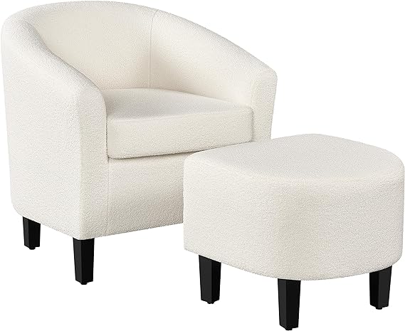 Yaheetech Accent Chair and Ottoman Set, Mid Century Fuzzy Barrel Chair Comfy Fabric Armchair and Footrest for Living Room/Bedroom/Reading Room, Ivory