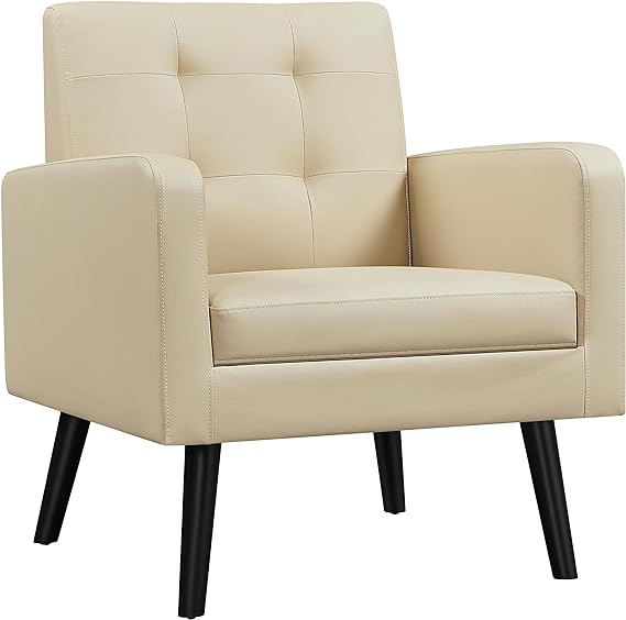 Yaheetech Mid-Century Accent Chairs, PU Leather Modern Upholstered Living Room Chair, Cozy Armchair Button Tufted Back and Wood Legs for Bedroom/Office/Cafe Beige