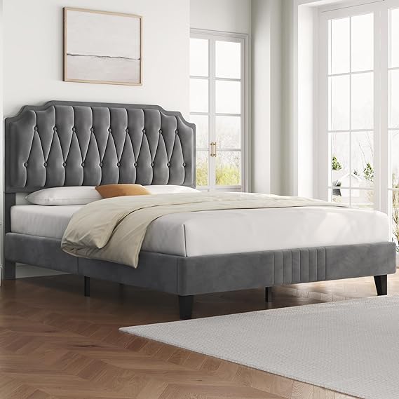 Yaheetech Queen Size Bed Frame, Velvet Upholstered Platform Bed with Curved Headboard, Mattress Foundation/Strong Wooden Slats Support/No Box Spring Needed/Easy Assembly/Dark Grey