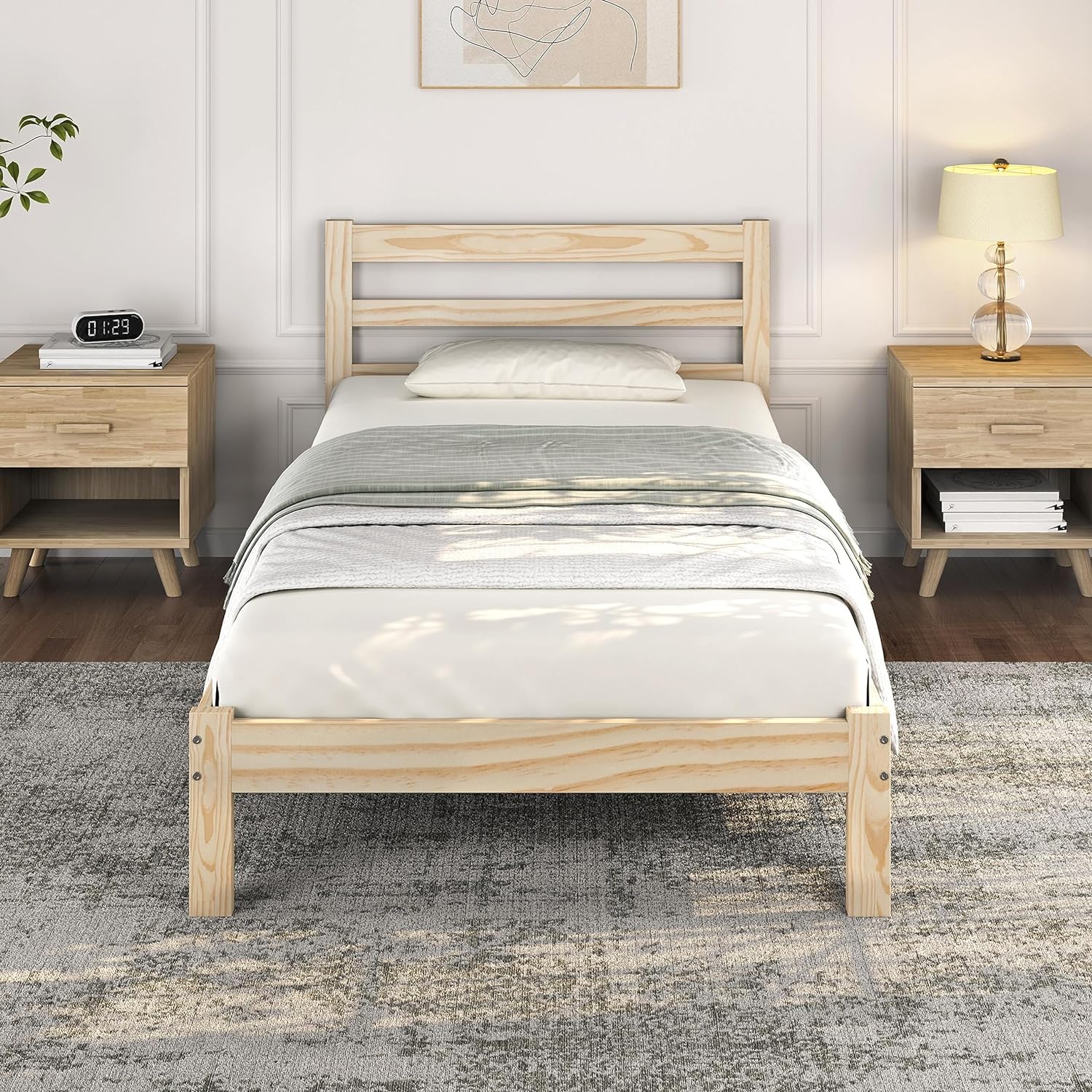 Yaheetech Twin Bed Frames Solid Pine Wood Platform Bed with Paneled Headboard, Wicklow Style/Wooden Slats Support/Noise-Free/7.5? Space Underneath/No Box Spring Needed/Easy Assembly, Wood Twin Bed