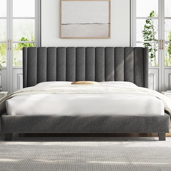 Yaheetech King Bed Frame Upholstered Platform Bed with Fabric Headboard, Wing Edge Design/Non-Slip and Noise-Free/Wooden Slats Support/No Box Spring Needed/Easy Assembly, Dark Gray King Bed