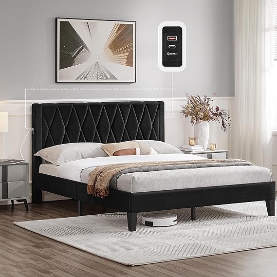 Yaheetech Queen Bed Frame Rich Velvet Upholstered Platform Bed with Headboard & 2 USB Charging Stations/Ports for Type A & Type C/Diamond Tufting & Geometric Design/Wood Slat Support, Black Queen Bed