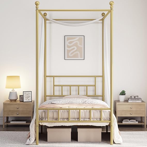 Yaheetech Metal Canopy Bed Frames Four-Poster Canopied Platform Bed with Headboard and Footboard Sturdy Slatted Structure Ground Clearance: 11.2