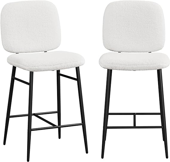 Yaheetech Bar Stools Set of 2 Boucle Stool Fabric Seat Barstools Counter Height Stools with Metal Legs/Backrest Kitchen Island Stools for Pub Kitchen Dining Room, White