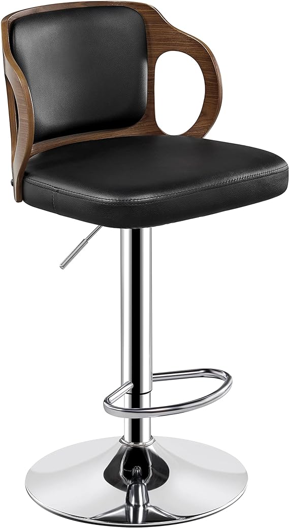 Yaheetech Bar Stools Walnut Bentwood Counter Stools Adjustable Height Leather Modern Barstool, Armless Kitchen Counter, Island Bar Stool with Back, Armless, 1 Piece, Black