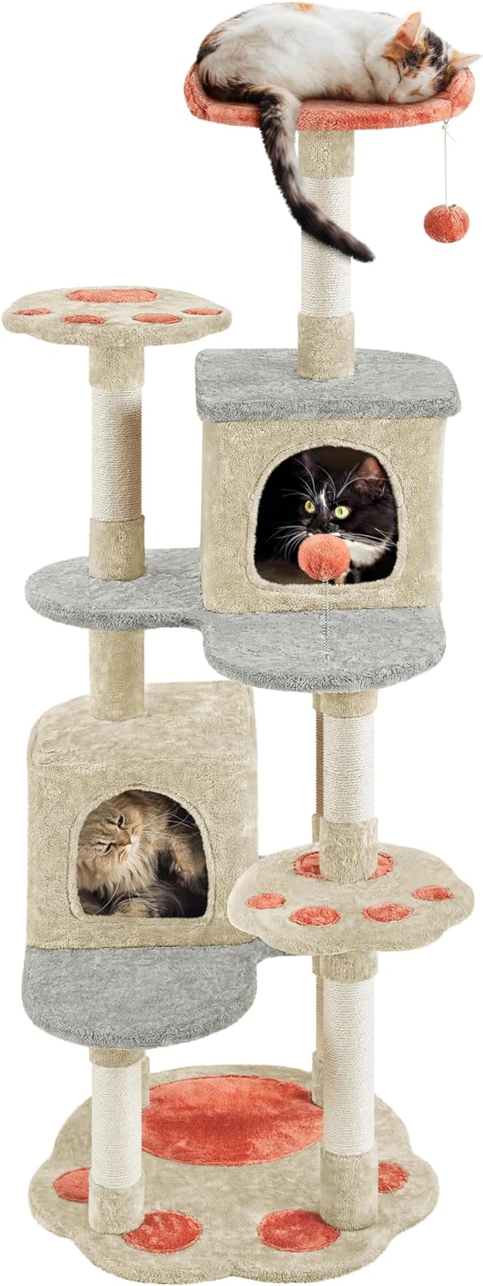 This was super easy to assemble and looks great! The fabric used is soft and well put together. I was impressed by the twine being stapled to the cat tree as ones I've bought in the past are simply glued on.Also, both my older and younger cats really seem to be enjoying it :) super excited they finally have their own space again.