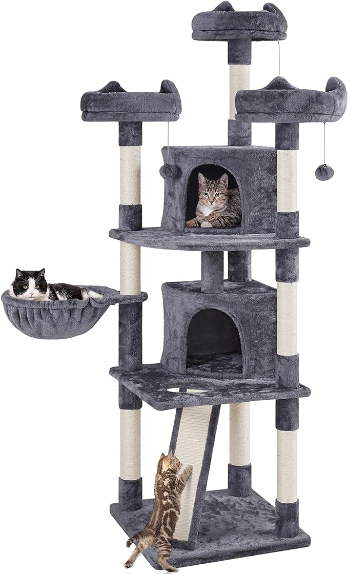 This unit was easy to put together. The tool is provided but it was easier to use an electric screwdriver for some parts. The lofted seats are soft and cushy. The sisal rope on all posts are nice. My cats enjoy the 2 caves also.