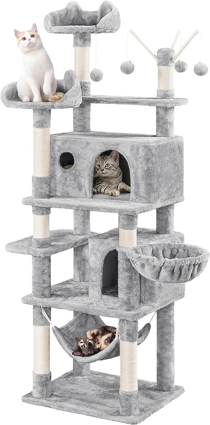 I purchased this Tower to replace last year' Tower purchase (different brand, shown in the 3rd picture). I'm happy with this purchase and will provide my pros/cons based on personal preference.Pro: Size! I have 2 adult cats, 9lb & 12lb. Compared to our other tree, the condos and side basket are much larger and accommodate adult cats. I really liked the large bed on this one as my larger cat (black & White) likes to sleep on the perch. Even the 