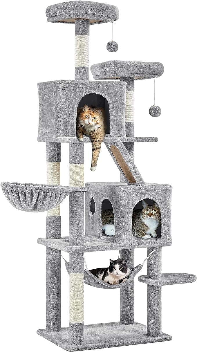 I bought this super tall cat tower for my cats as a way to give them a place to play, relax, and get away from our toddler and very large dog. I was kind of leery about ordering one online, as my cats are kind of on the larger side and I really wanted to make sure it would be sturdy enough.This was easy for me to assemble by myself and the (illustrated) directions were very clear and straightforward. It came with an Alan wrench that wasnt a piece of crap and did not require any other tools. Onc