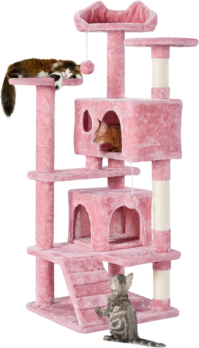 Yaheetech 54in Cat Tree Tower, Multi-Level Cat Tree for Indoor Cats with Scratching Posts, Dangling Balls Cat Play House, Pink