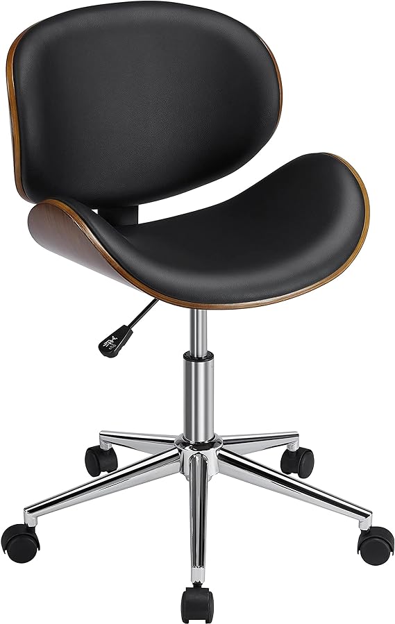 Yaheetech Ergonomic Home Office Desk Chair Modern Mid-Century Bentwood/Curved Seat Computer Chair Walnut Wood Chrome Finish Stool with 360° Swivel Wheels Faux Leather Seat Height Adjustable, Black