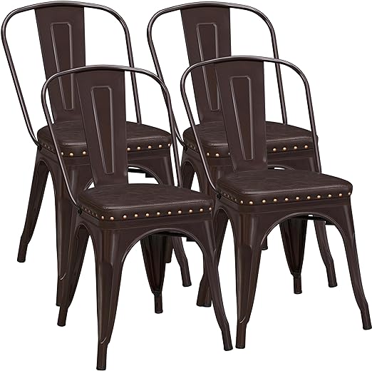 Yaheetech Metal Dining Chairs Stackable Side Chair Industrial Chairs Set of 4 Kitchen Chairs with Soft Cushioned High Backrest 18 Inch Dark Brown