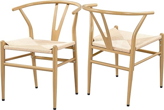 Yaheetech Metal Weave Arm Chair Y-Shaped Backrest Mid-Century Metal Dining Chair Hemp Seat Set of 2, Metal, Wood Color