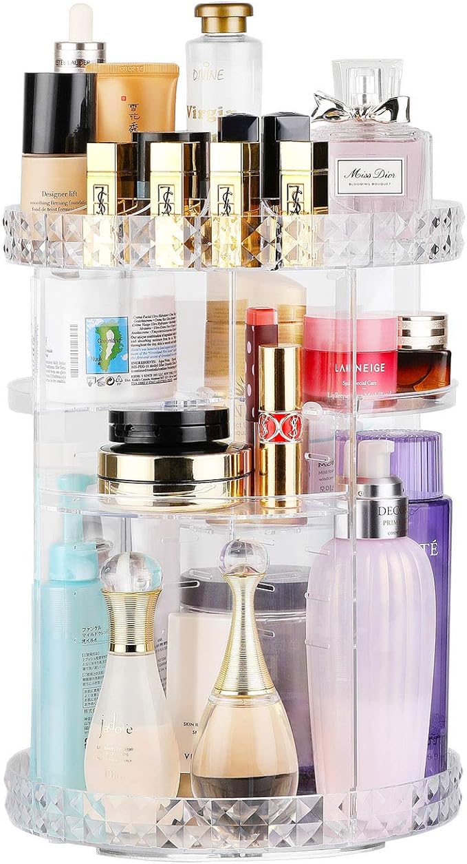 KPROE Makeup Organizer, 360 Degree Rotating Adjustable 6 Layers Cosmetics Organizer Box with Large Capacity, Best for Bathroom, Dresser and Bedroom, Clear Transparent