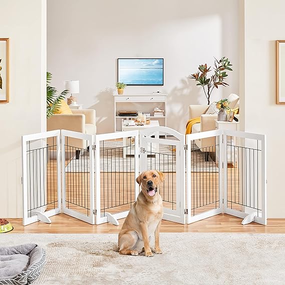 Yaheetech 123'' Extra Wide Pet Gate with Door Freestanding Dog Gate for Doorways 6 Panels Pet Dog Gate Indoor with 3PCS Support Feet, 123'' x 32'' White