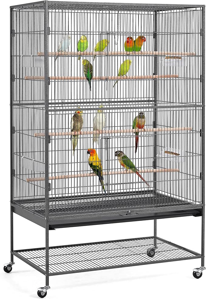 Cage is good for the price, it is sturdy and not too difficult to put together. Instructions could probably be more detailed, as there are no numbers labeled on any of the pieces. I have my 2 budgies in the cage currently, and it is definitely big enough for them both to be comfortable in together. Plenty of space. The food bowls arent very big, but I will probably just use them for when I give them their treats. I love the wheels on this cage also, very easy to move around.