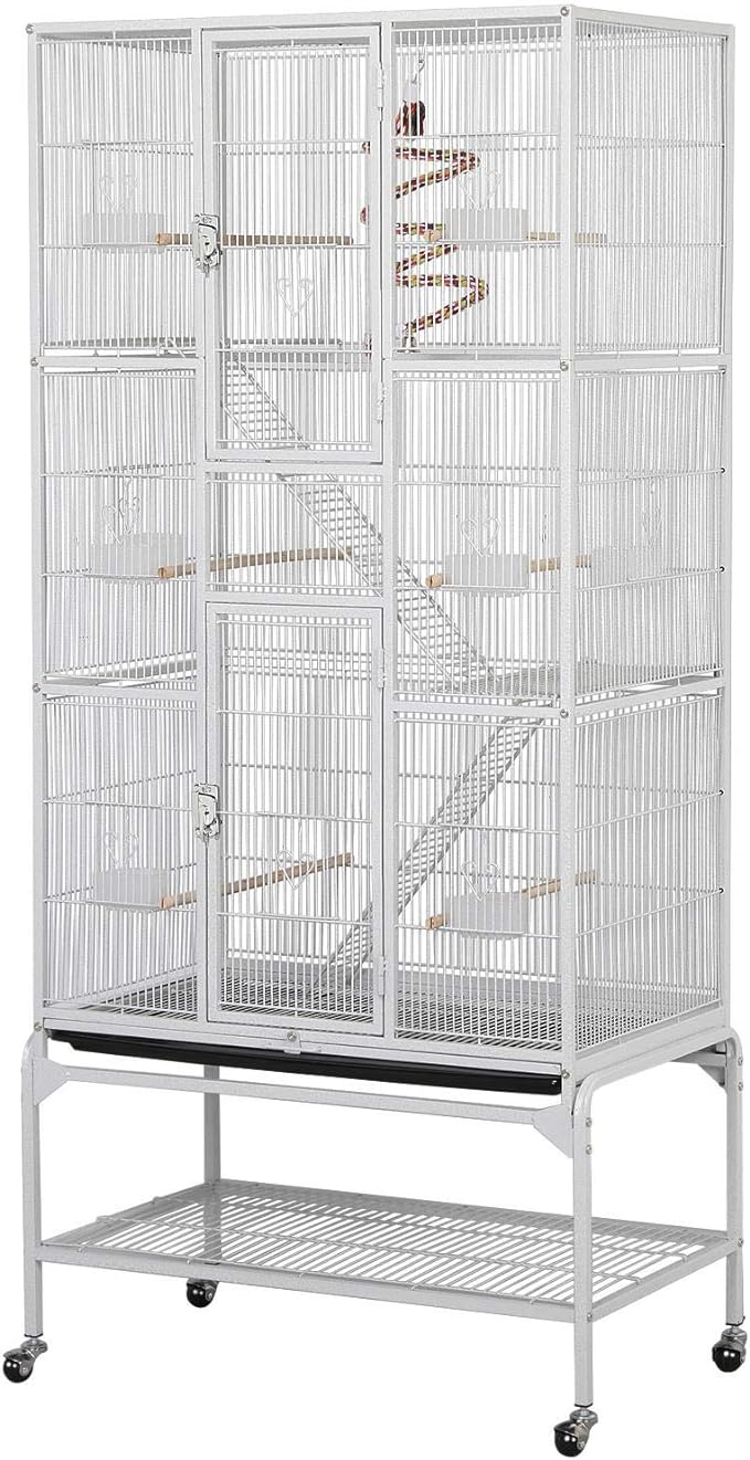 This is a great cage and is beyond my expectations. Very sturdy and great quality. Looks great. Safe for my two parakeets and very big. They needed more room and got it. Pretty easy to put together but two people would've been easier. Very happy and great value.