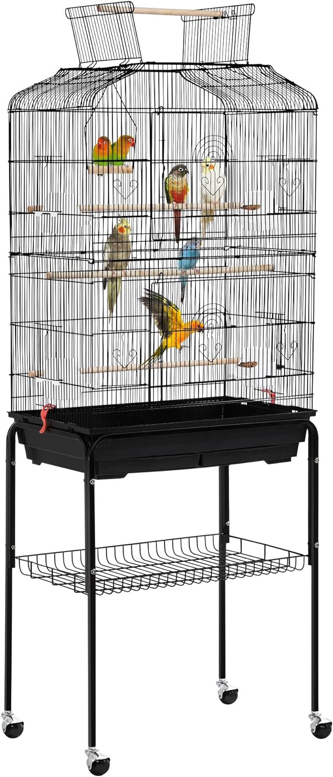 We got this cage as a Christmas present for my 9-year-old daughter to get 2 parakeets. It assembled easily. The design is clever. I like the use of tension to keep portions of the cage together and open/close the doors. Also, I like that there are so many doors, and on the front there are doors within doors. For a cage this big, you need to be able to reach in easily to reorganize perches and access birds, so I was impressed. It comes with food trays for the birds, a tray underneath the cage for