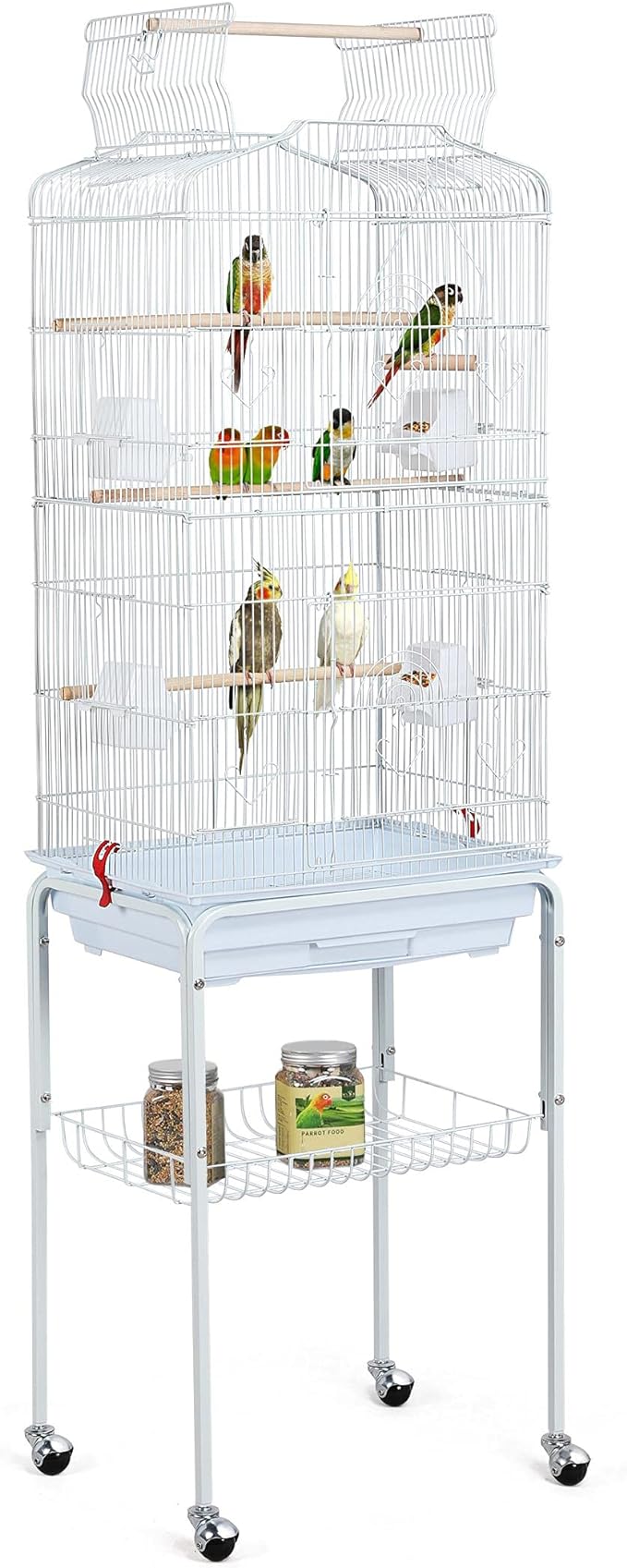 We got this cage as a Christmas present for my 9-year-old daughter to get 2 parakeets. It assembled easily. The design is clever. I like the use of tension to keep portions of the cage together and open/close the doors. Also, I like that there are so many doors, and on the front there are doors within doors. For a cage this big, you need to be able to reach in easily to reorganize perches and access birds, so I was impressed. It comes with food trays for the birds, a tray underneath the cage for