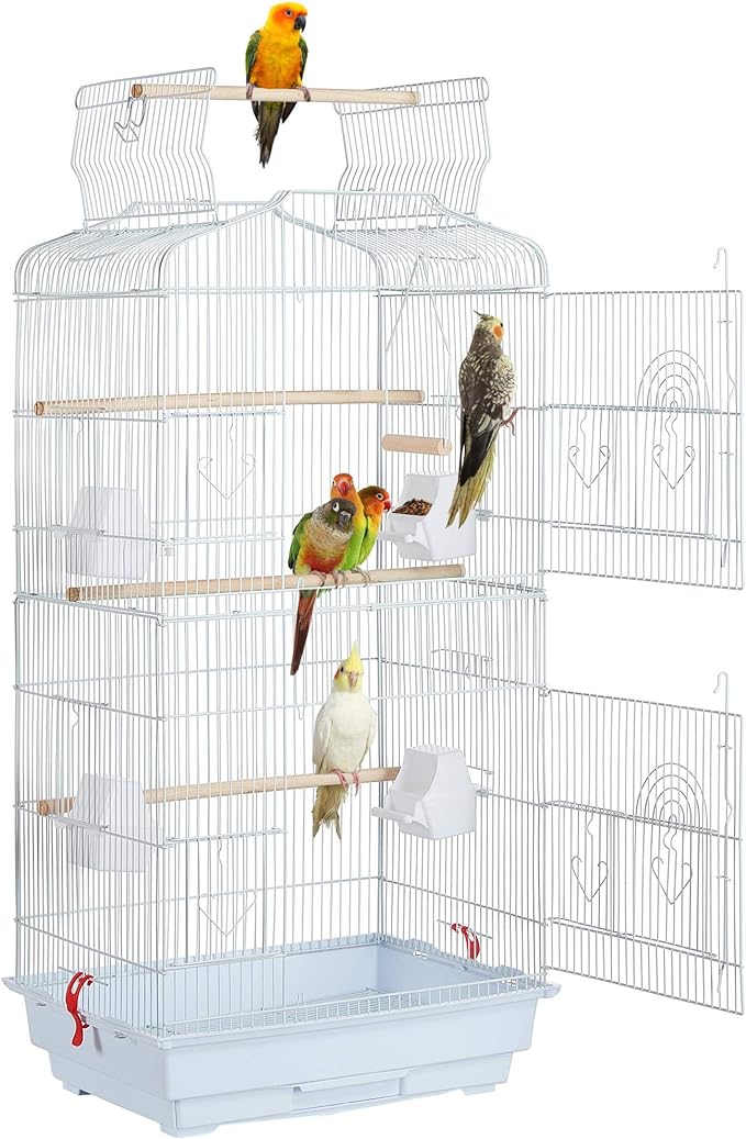 Its really nice and spacious it came with food bowls but I didnt use them it also came with many sticks to decorate the cage with so the birds can play it was also kind of easy to build and took about 40 minutes or more to build and set up