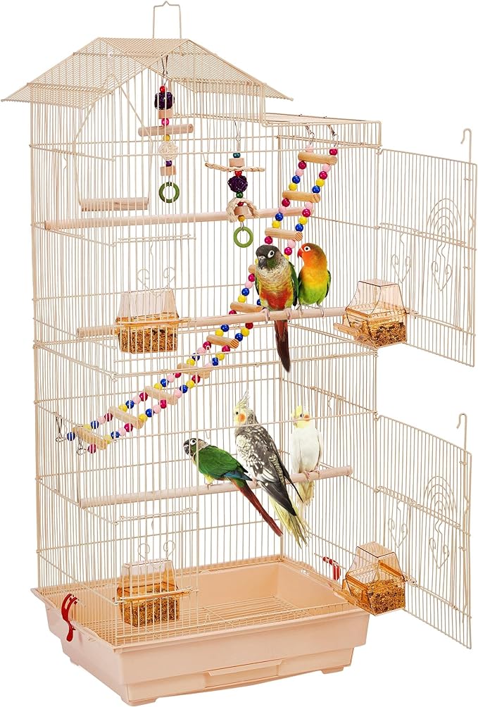 The cage is large enough for maybe 3-5 birds, well designed and easy to assemble - about 10 minutes but an adult should do that, some operations would be too complex for a child. Having multiple doors and feeders is a plus definitely, but you might want to wrap perches of feeders with a layer of cork, they are very thin even for parakeets. Other accessories aren't deluxe too, but they are good for the price.