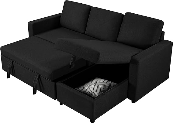 Yaheetech Sectional Sofa L-Shaped Sofa Couch Bed w/Chaise, Reversible Couch Sleeper w/Pull Out Bed & Storage Space, 4-seat Fabric Convertible Sofa, Pull Out Couch, Suitable for Living Room Black