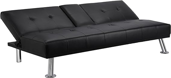 Yaheetech Modern Faux Leather Futon Set Convertible Recliner Sleeper Fold Up & Down Loveseat Reversible Daybed Guest Bed, 3 Angles Adjustable, 2 Cup-Holders, Up to 772 lbs, Black