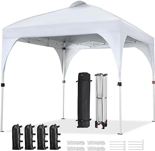 Yaheetech 10x10 Pop Up Canopy Tent with Vent, Easy Setup Tent, Instant Sun Shelter Canopy with Wheeled Bag, 4 Sandbags, 8 Stakes & 4 Ropes, for Parties, Beach, Outdoor, White