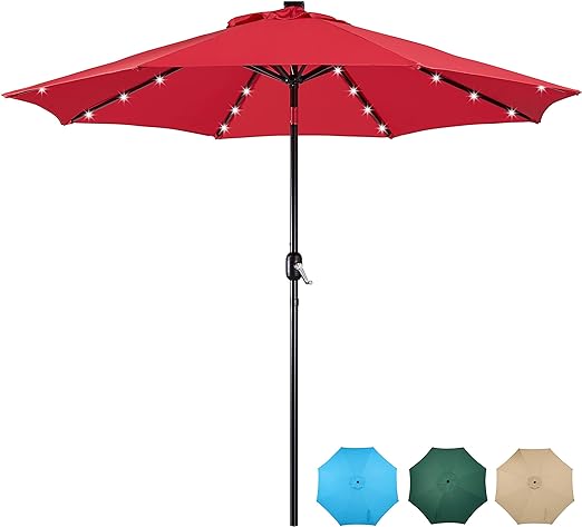 Yaheetech 9FT Solar Powered Patio Umbrella - UV Protection Market Table Umbrella w/ 32 LED Lights & Push Button Tilt & Crank Lift System for Garden/Lawn/Deck/Backyard/Pool,Red