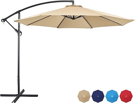 Yaheetech 10FT Patio Offset Umbrella - Cantilever Hanging Outdoor Umbrellas w/UV Protection & 8 Ribs & Handy Crank & Cross Base for Market/Garden/Lawn/Deck/Backyard/Pool - Tan