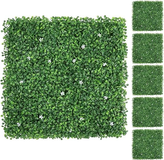 Yaheetech 20 x 20 inch Artificial Boxwood Panels w/Little White Flowers UV Protected Topiary Hedge Plant Privacy Hedge Screen Decorations for Garden,Home,Backyard and Green 6 Pcs