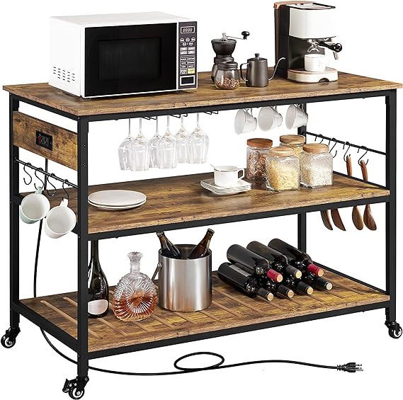 Yaheetech Kitchen Island with Power Outlet, Rolling Kitchen Cart with Wine Rack & Glass Holder & Hooks, Coffee Station Microwave Stand Wine Rack Table for Kitchen/Dinning Room, Rustic Brown