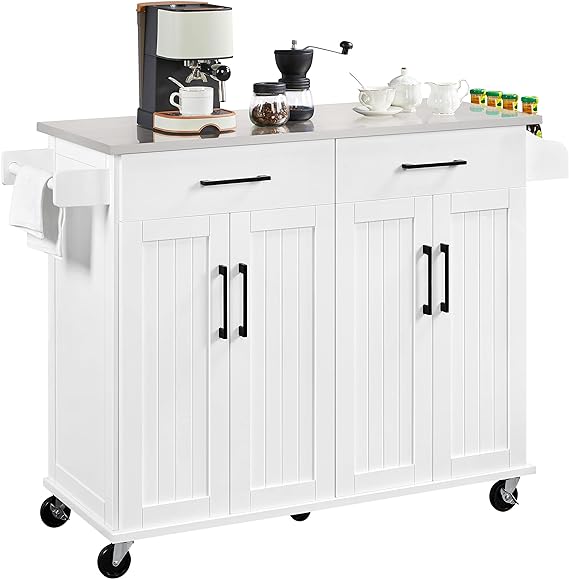 Yaheetech Kitchen Island Cart with Stainless Steel Countertop, Rolling Kitchen Storage Cabinet on Wheels with 2 Drawers and Inner Adjustable Shelves for Dining Room, 50.5 Inch Width, Black purchased on October 9, 2023 for $182.99 and Sold by: Yaheetech.TLDR: Looks half decent, fairly sturdy, decent size and most importantly CHEAP.We looked for quite a while and finally pulled the trigger on this one. Shopping factors were price, color (desired a black or gray), silver hardware (never gold), 2 do