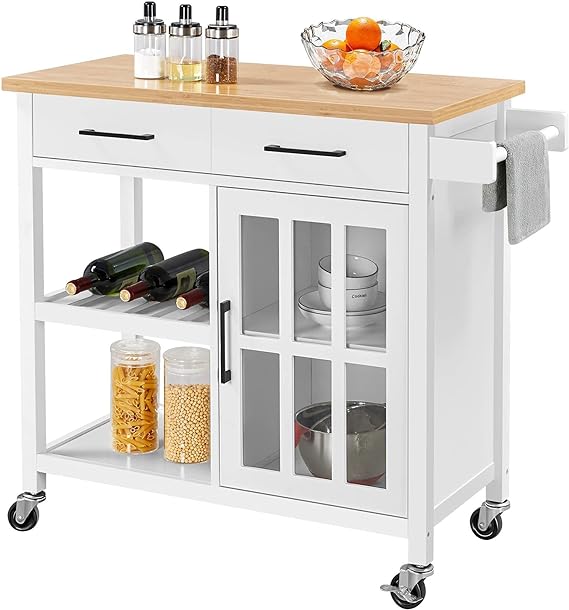 This kitchen cart is perfection. Fits just right in my small kitchen, I'm sure it would look great in a big kitchen also. I had very limited cupboard space and this has been perfect for storage and counter space also. It is sturdy, looks very beautiful and is totally useful. As other reviews I have read say, it is very tedious to put together, it took my husband three hours, all by himself, but he did it! It was all worth it, and for the price, you just can't beat it. I am very pleased with this