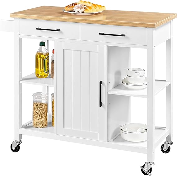 Yaheetech Kitchen Sideboard with 2 Drawers and Storage Cabinet, Buffet Cart with Bamboo Countertop & Open Shelves & Towel Bar for Dining Room, 36