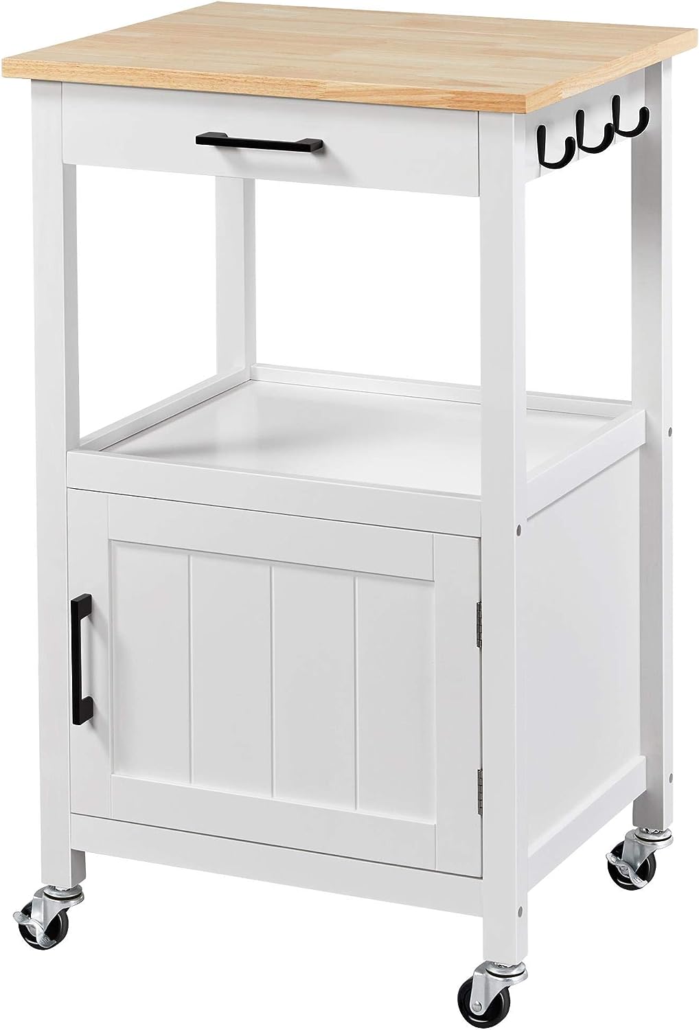 Yaheetech Rolling Kitchen Island with Single Door Cabinet, Kitchen Cart with Drawer on Swivel Wheels, Small Coffee Cart Microwave Stand with 3 Side Hooks for Dining Room, White