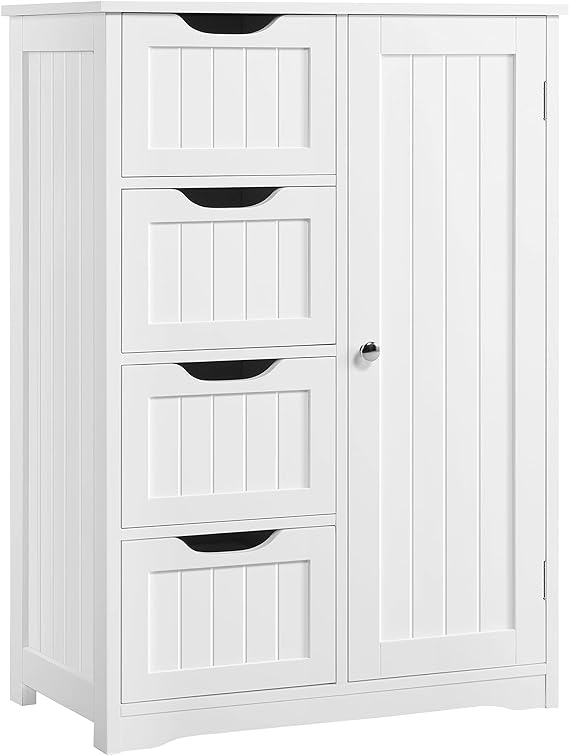 Yaheetech Large Bathroom Floor Cabinet with 4 Dawers and Single Door Cabinet, Freestanding Storage Cabinet for Living Room Kitchen Hallway, White