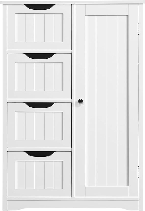 Yaheetech Wooden Floor Cabinet, Side Storage Organizer with 4 Drawers and 1 Cupboard, Freestanding Entryway Storage Unit Console Table, Bathroom Furniture Home Decor, White