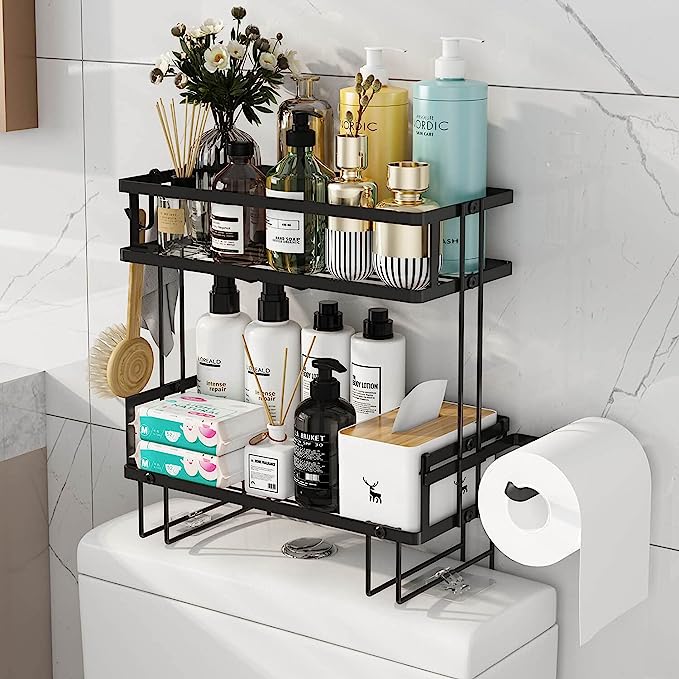 Godboat Bathroom Organizer, 2-Tier Over The Toilet Storage, Bathroom Storage with 2 Hooks, Bathroom Accessories for Space Saver, No Drilling Design, Valentines Day Decor, Valentines Day Gifts (Black)