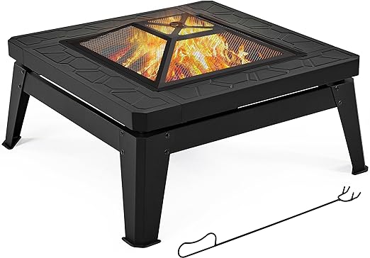 Yaheetech Fire Pit 34.5in Fire Pits for Outside Large Fire Pit Table Futuristic Mecha/Mechs Design Square Wood Burning Fire Pits for Patio Garden Camping Bonfire W/Log Grate & Rain Cover & Poker