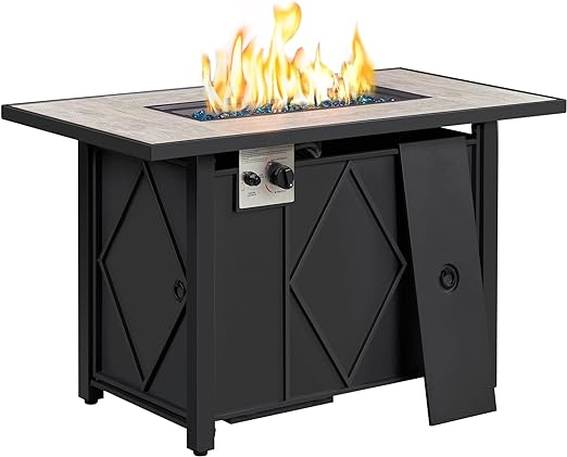 The Yaheetech 43 inch Outdoor Propane Gas Fire Pit Table is a really good deal at $200. It' easy to assemble (2 person carry... it is a little heavy), and looks very nice. If you put it together correctly, and adjust the legs, it' quite stable. We also purchased the Yaheetech Glass Wind Guard for Rectangular Fire Pit Table, 23.5 * 7.5 * 6.5 inch to go with it, and it looks very nice as well. Altogether, we are very pleased with the ensemble. I wouldn't expect it to actually provide heat, but i